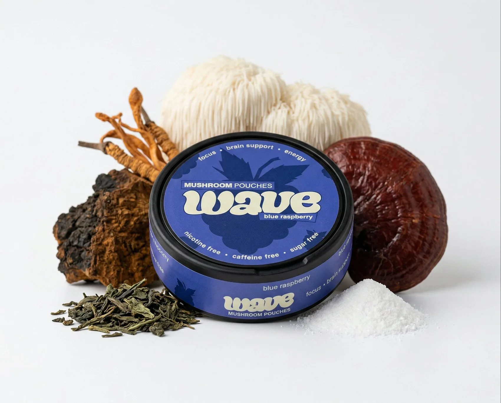 Une boîte WAVE entourée de champignons entiers et de feuilles de thé en vrac.